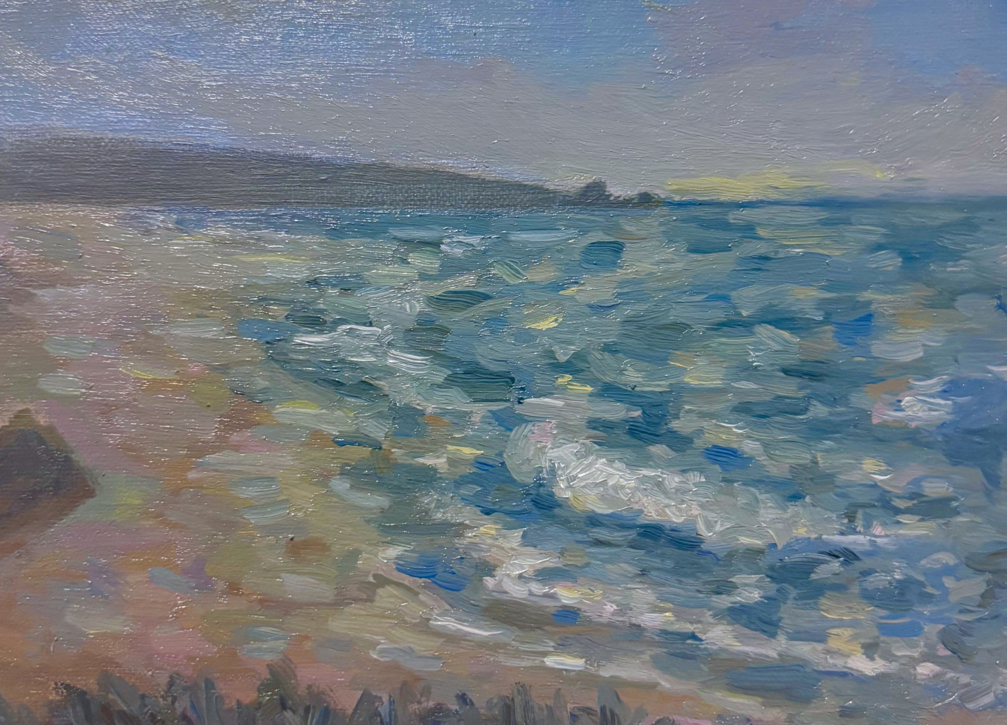 An impressionist painting of Zicatela beach with blue water, colorful sand, and distant hills under a cloudy sky in Puerto Escondido, Mexico.