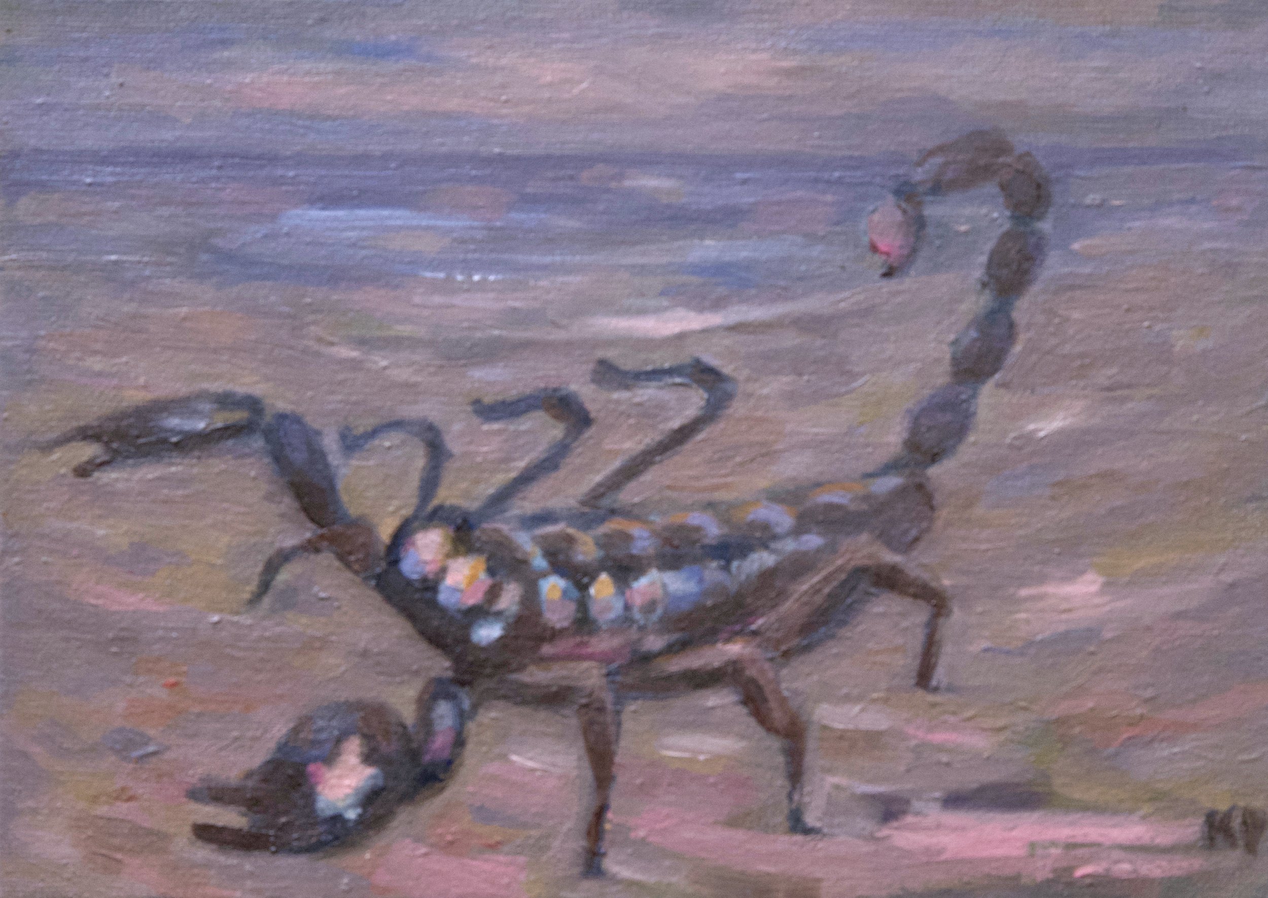 A textured painting of a stylized scorpion on pink and purple seaside beach.