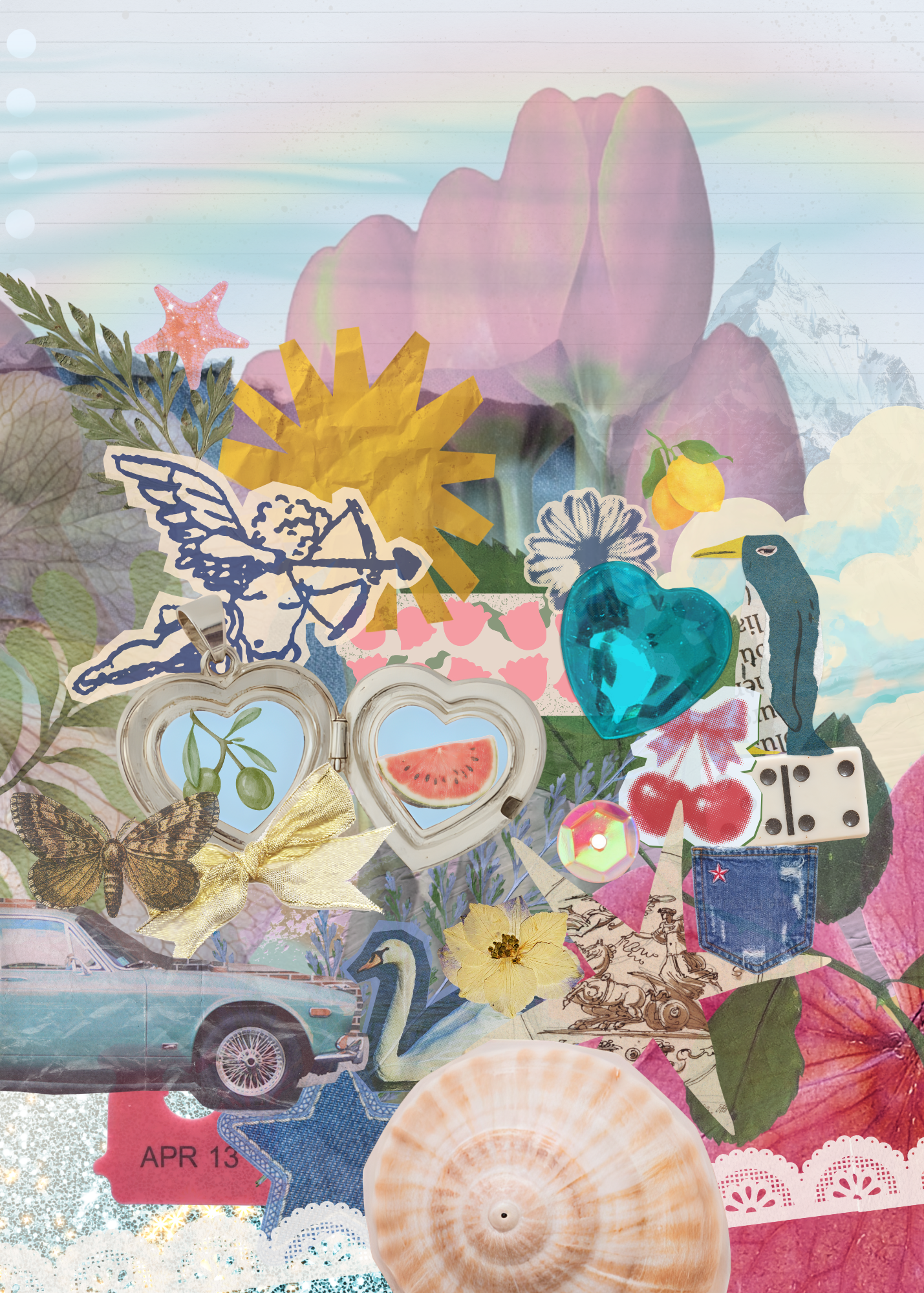 A collage of various objects including a vintage car, a swan, a seashell, stickers of flowers, animals, and abstract shapes, along with a pair of heart-shaped locket charms containing images of olives and watermelon slices, and a blue heart-shaped gem.