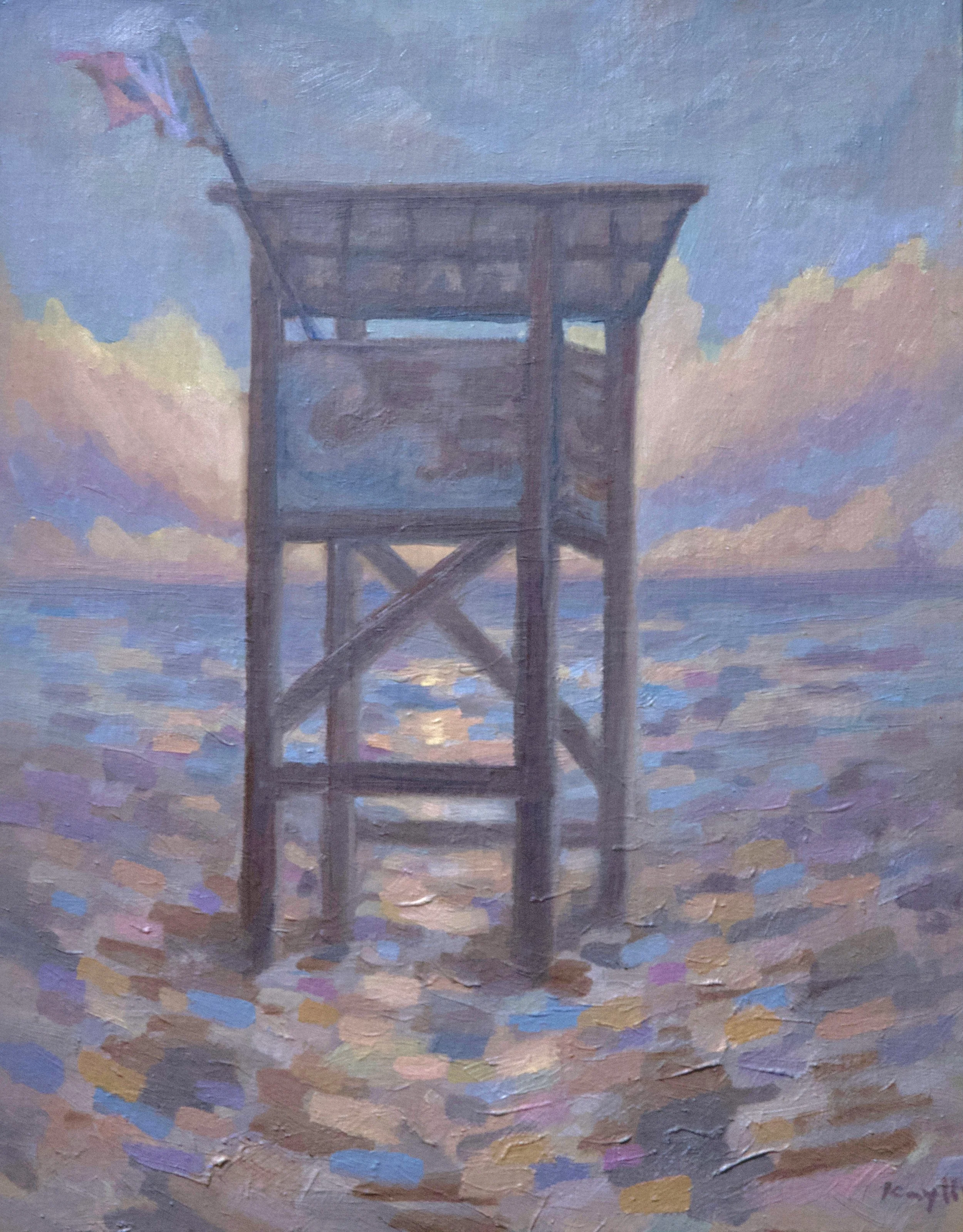 A painting of a lifeguard tower donning a México flag at the beach during sunset with colorful clouds in the sky.