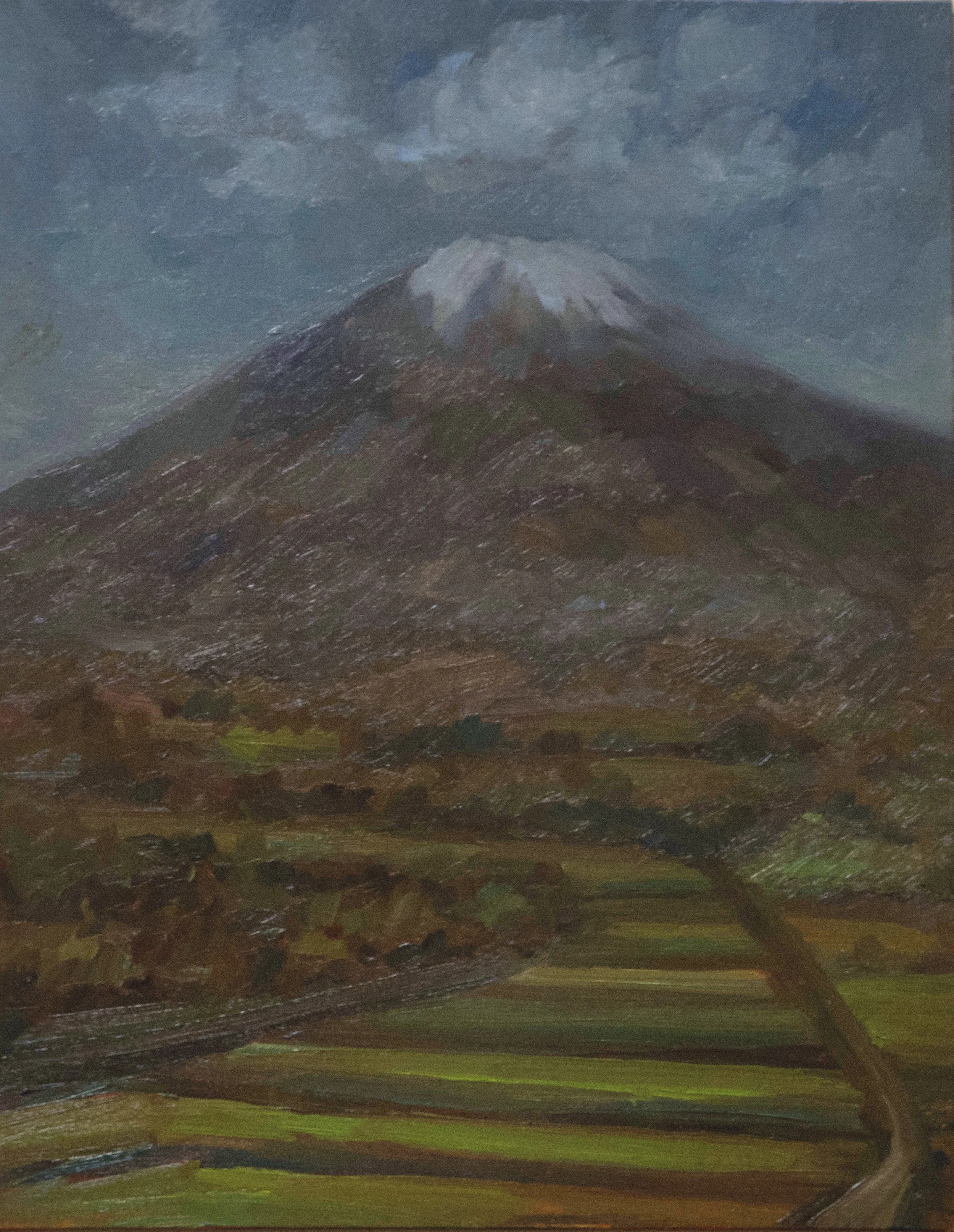 A painting of Volcán Misti with a snow-capped peak, green agricultural terraces, and a cloudy sky.