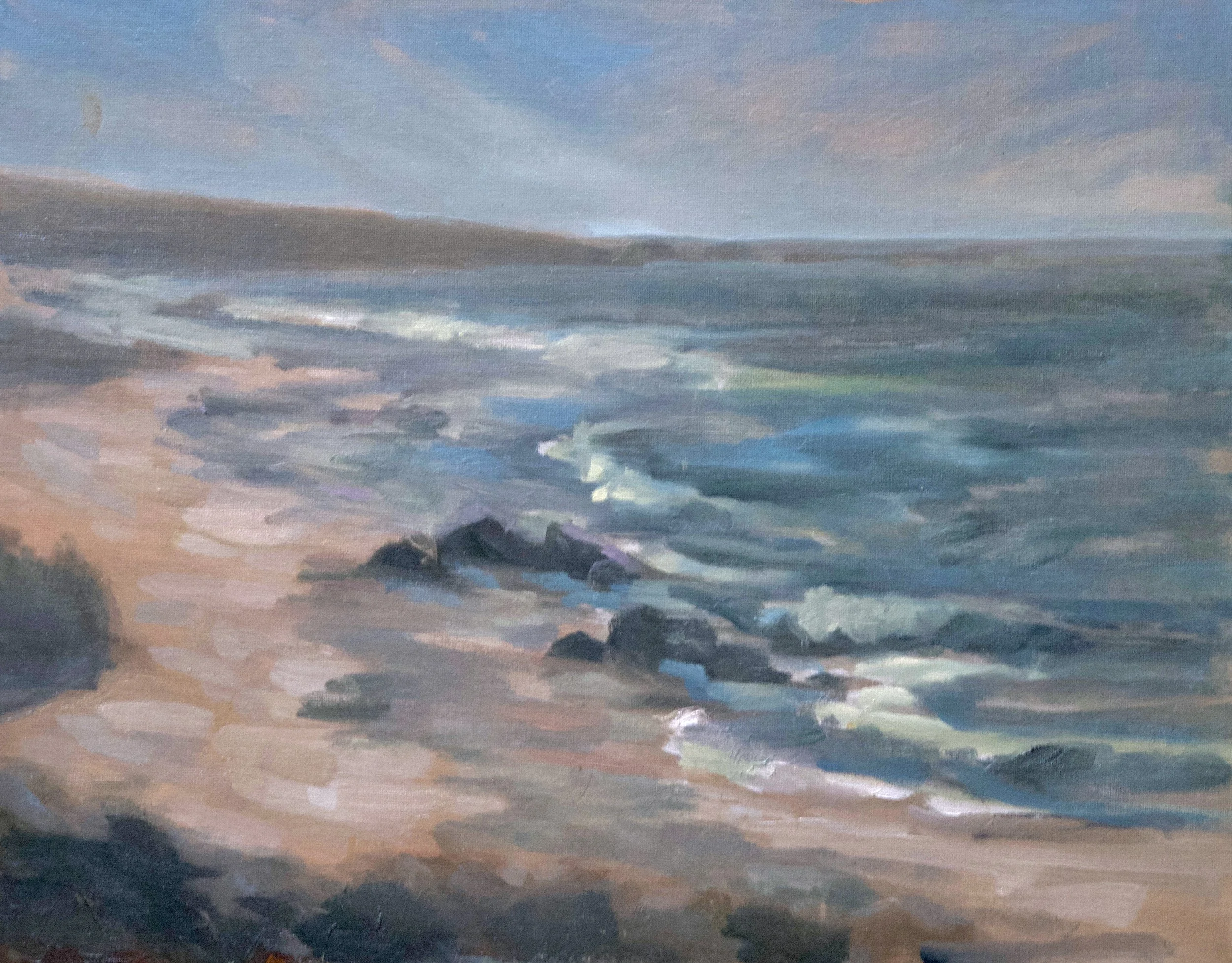 Abstract painting with a blend of blue, pink, purple, and gray hues, depicting a sky and ocean scene.