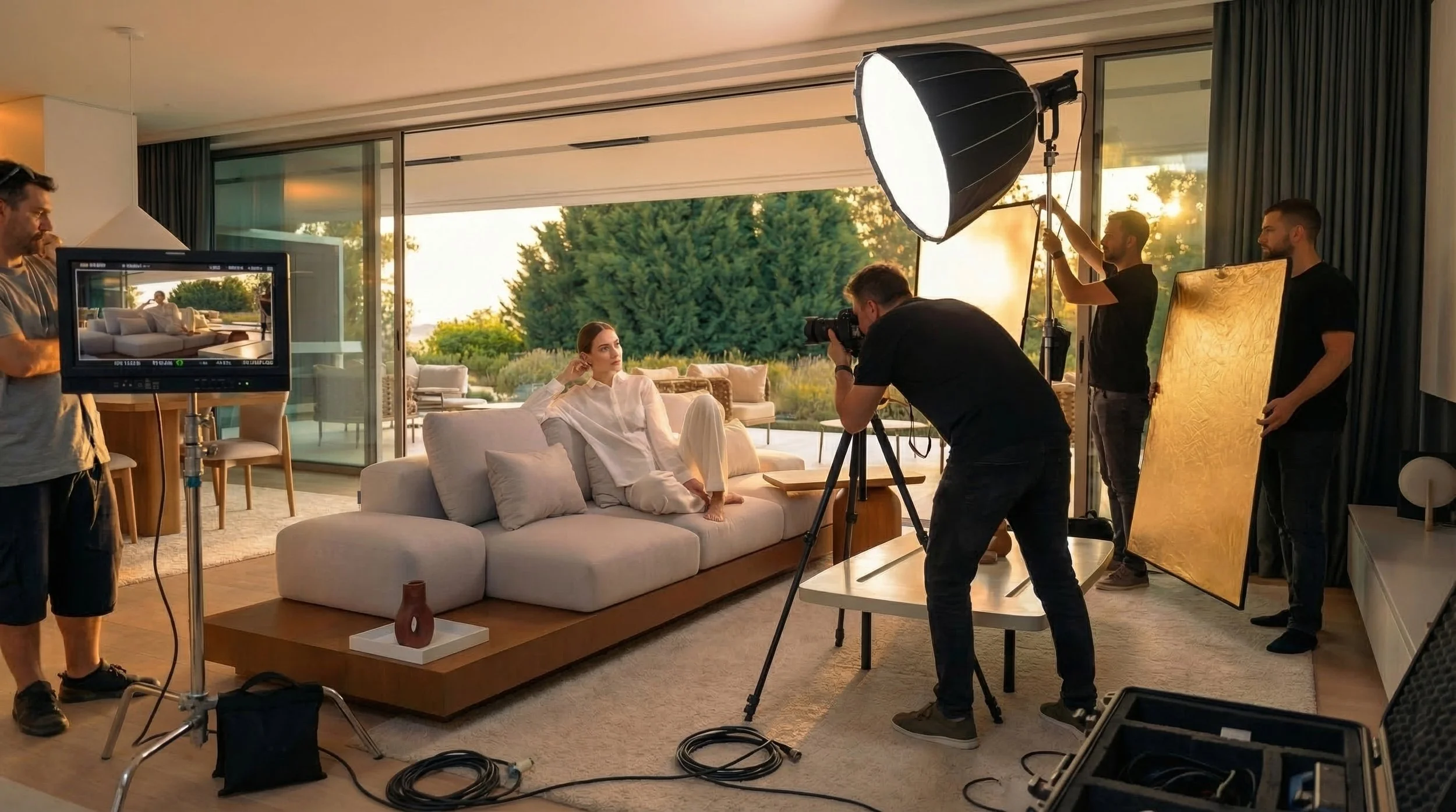 A professional photoshoot taking place in a modern living room with large glass doors opening to a garden at sunset. A woman in white clothing is seated on a sofa while photographers and crew set up lighting and cameras.