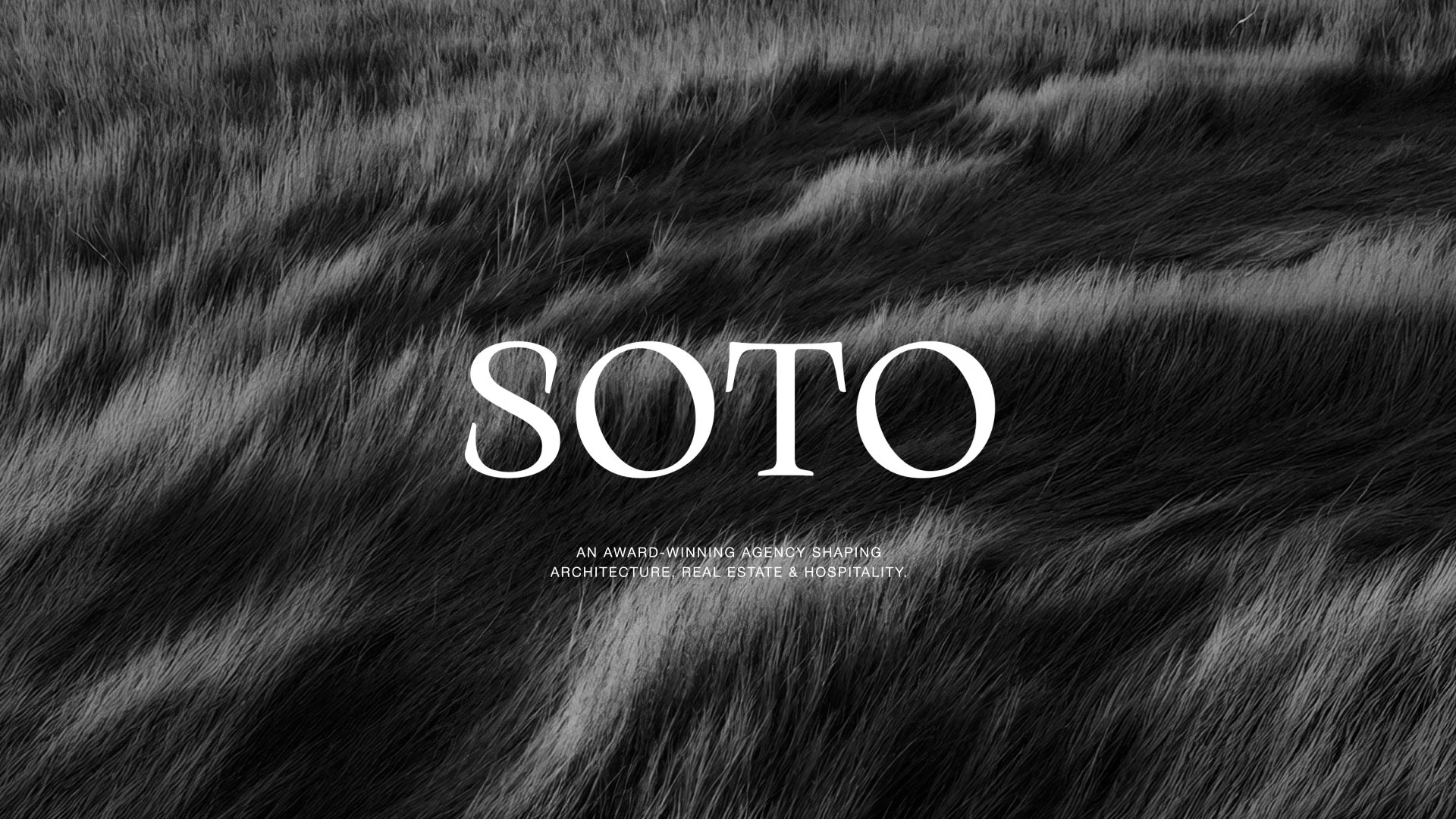 Black and white close-up photograph of animal fur with the word 'SOTO' in large white lettering, and smaller text below reading 'An award-winning agency shaping architecture, real estate, and hospitality.'