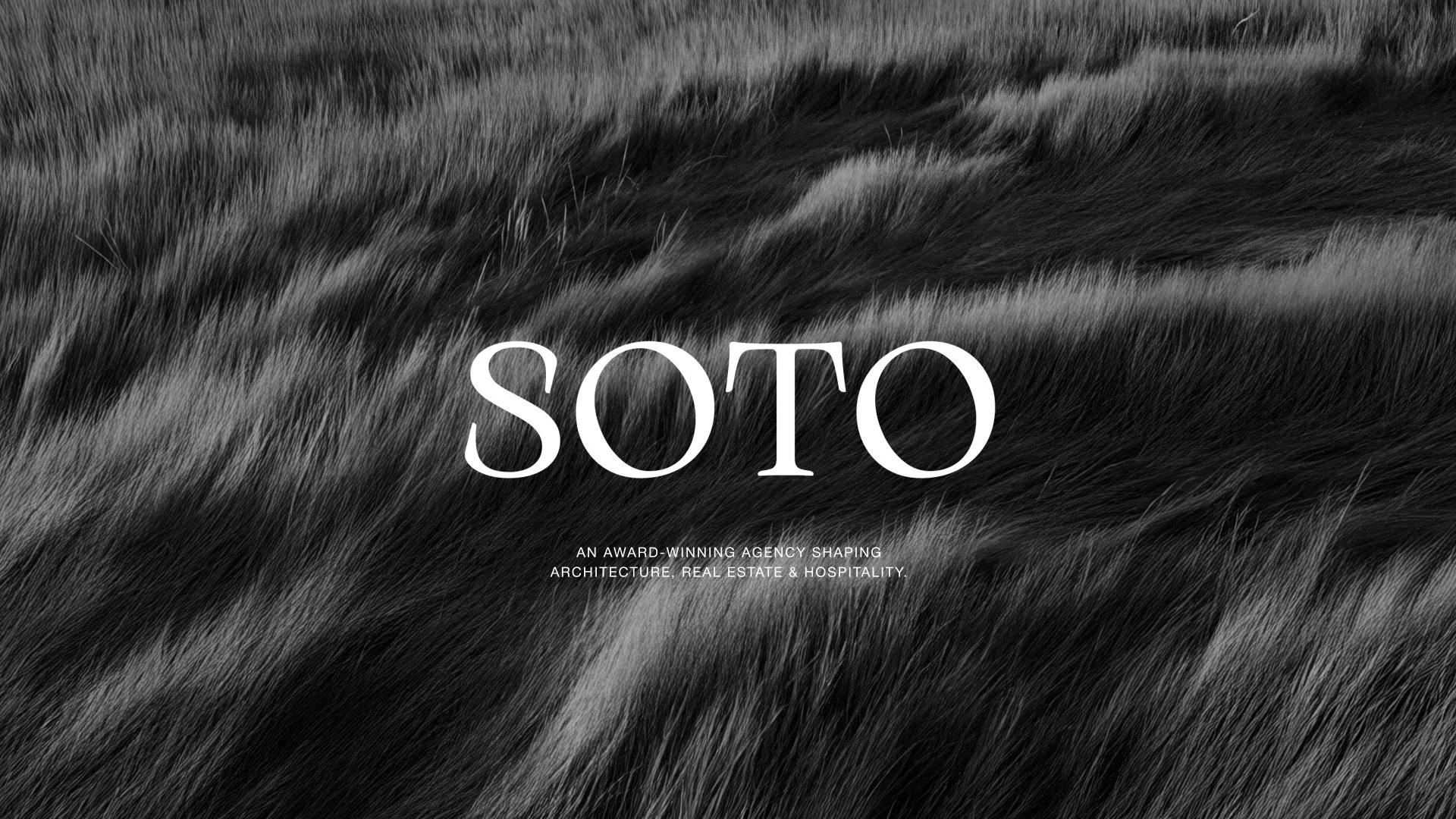 Black and white textured background with the word 'SOTO' in large white letters and a smaller text below it reading 'An award-winning agency shaping architecture, real estate & hospitality.'