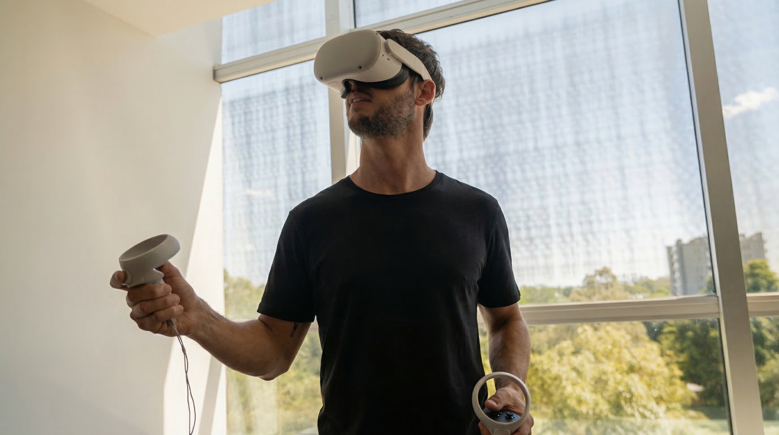 A man with a beard and dark hair indoors, wearing a virtual reality headset, holding a VR controller in one hand and a ring-shaped controller in the other, with a large window showing a cityscape outside.