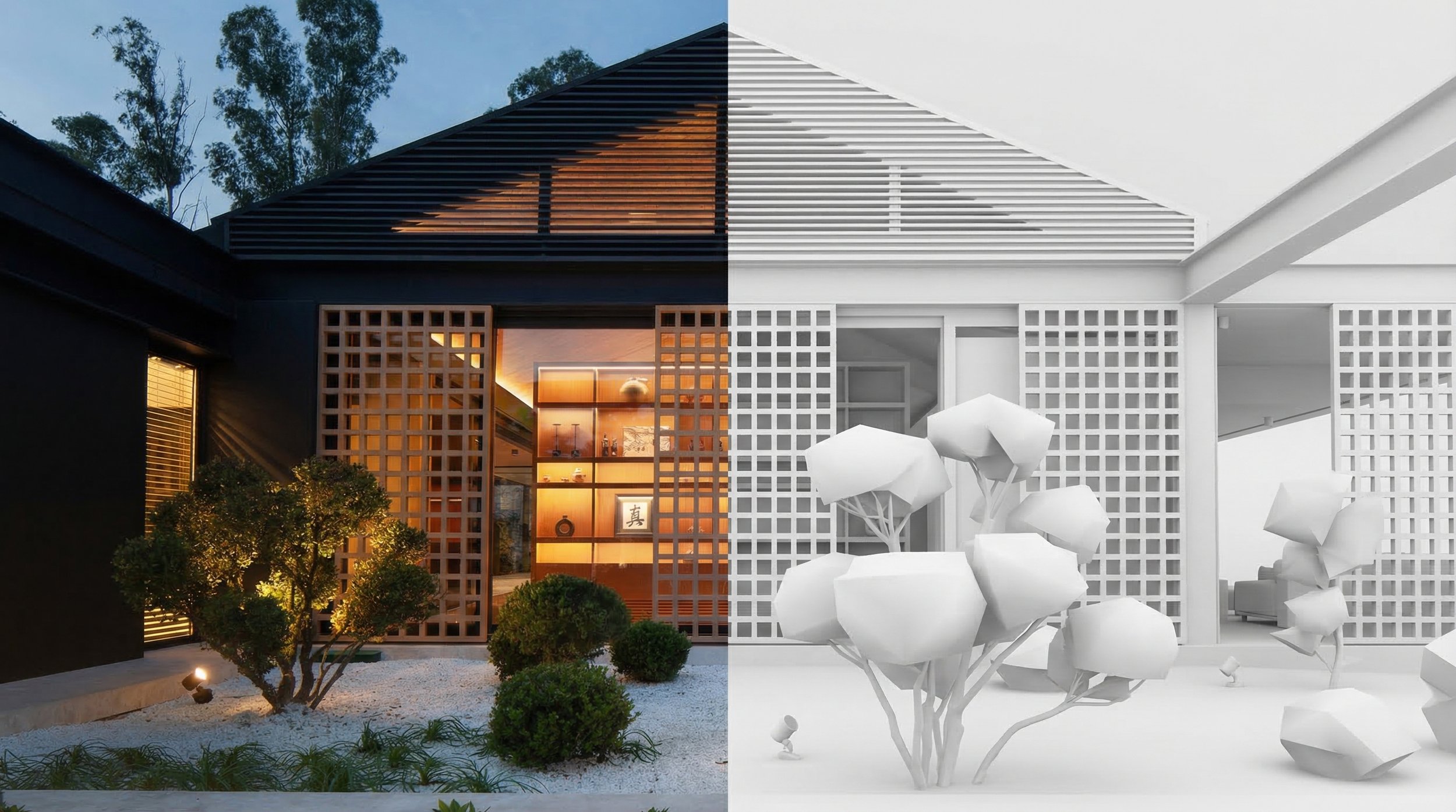 Split image of a modern house exterior; left side in full color showing a landscaped garden with trees and bushes, right side in black and white with paper-like trees and plants.
