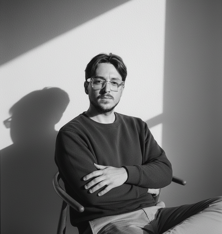 A man with glasses and a beard sitting with his arms crossed, in a room with a strong light source casting shadows on the wall.