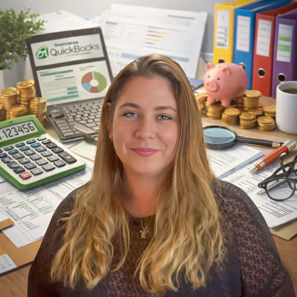 Young woman in office with financial documents, calculator, laptop displaying QuickBooks, piggy bank, stacks of coins, and office supplies.