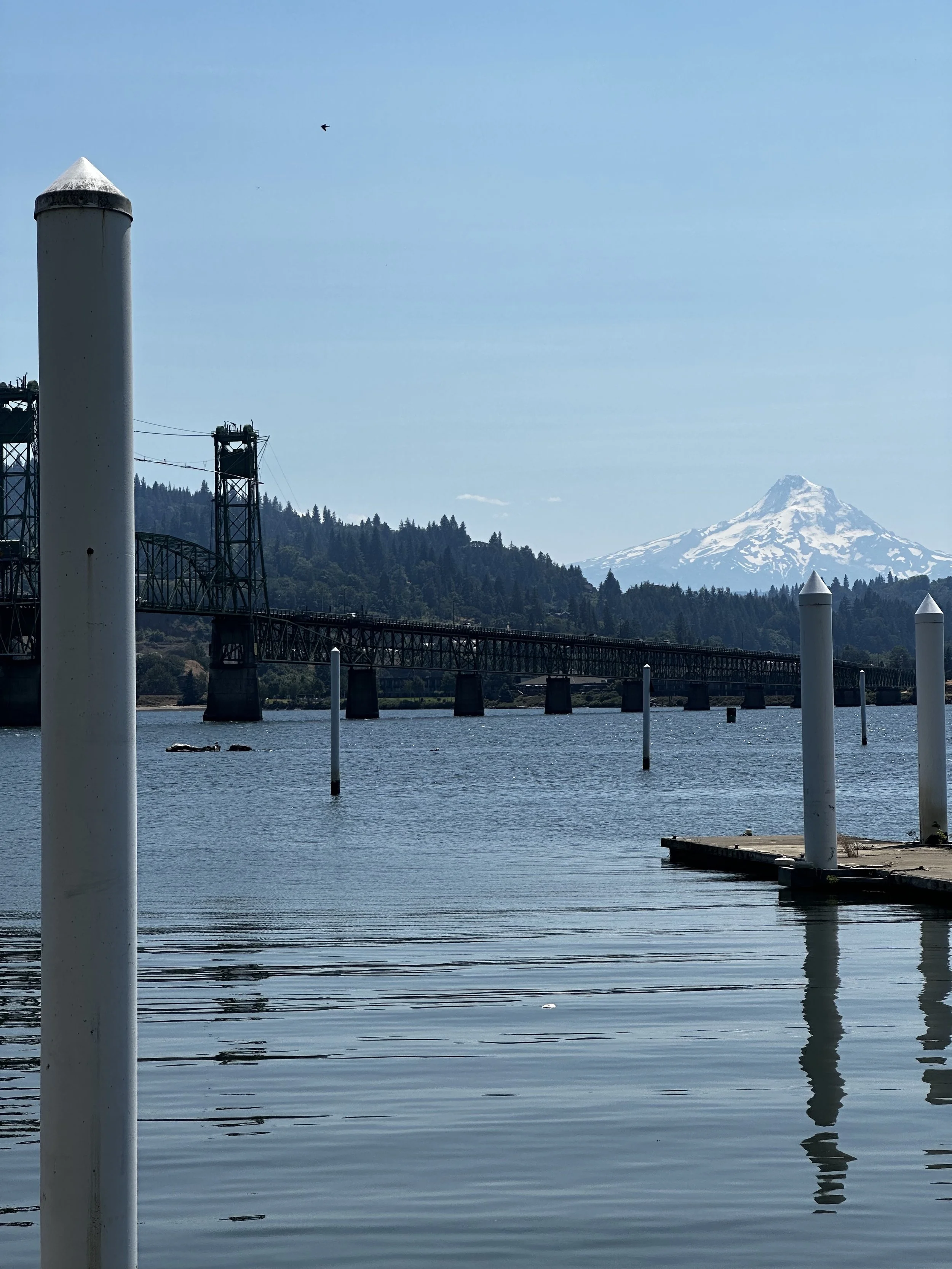 A body of water with several white mooring posts, a bridge in the background, forested hills, and Mount Hood snow-capped mountain in the distance.