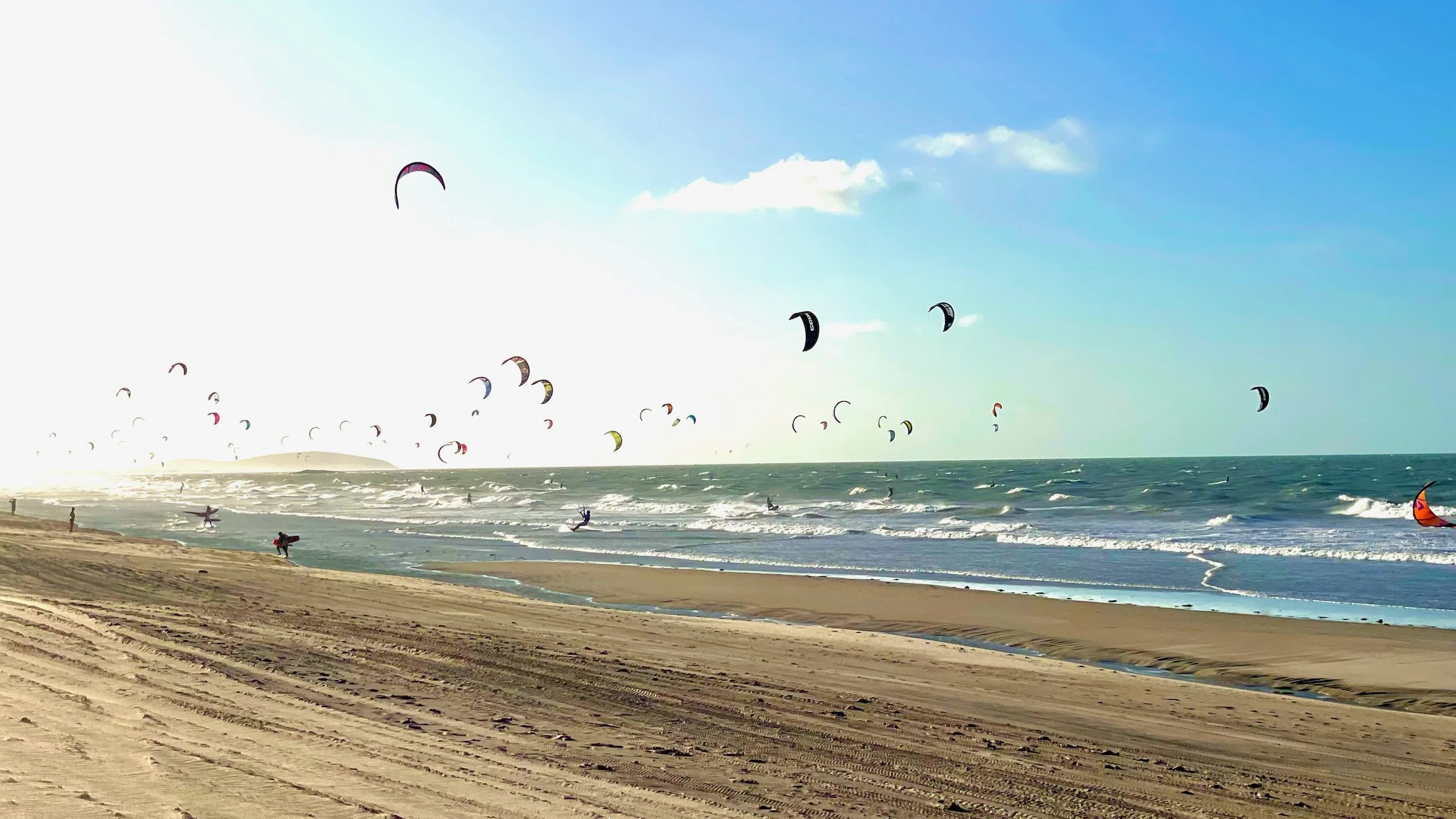 A beach with kite surfers and their colorful kites in the sky during daytime. The sandy shore has tire tracks, and the ocean waves are visible with some people in the water.