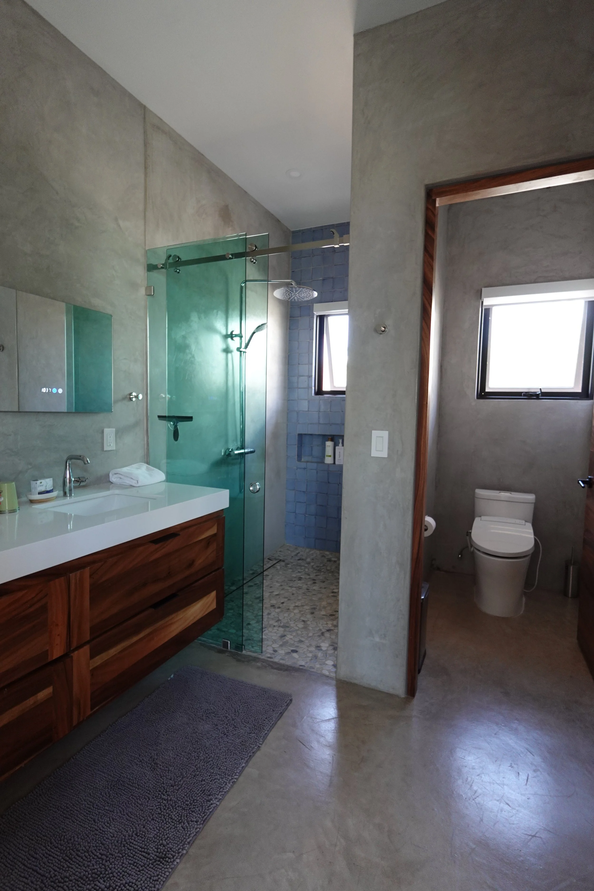 Modern bathroom with glass shower enclosure, wooden vanity with white sink, large mirror, gray walls, and a toilet in a separate room visible through an open doorway.
