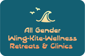 Logo for All Gender Wing-Kite-Wellness Retreats & Clinics featuring a sailboat, seagulls, and waves on a teal background.
