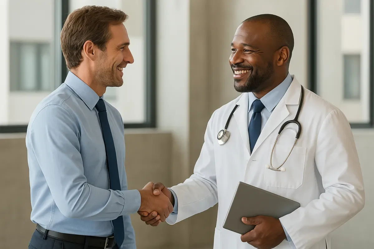 Dos hombres, uno médico y otro en ropa de oficina, se están dando la mano en una clínica u hospital, ambos sonrientes y en un ambiente moderno con ventanas grandes.
