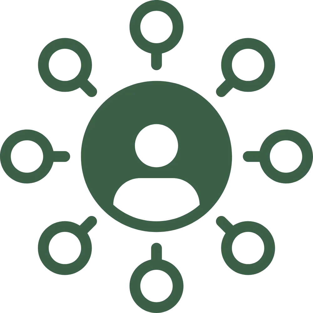 Icono de una cara con expresión preocupada rodeada de círculos conectados, representando ansiedad o estrés.