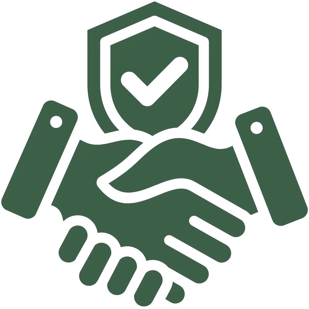 Un icono que muestra un apretón de manos con un escudo que tiene una marca de verificación, simbolizando confianza y seguridad.