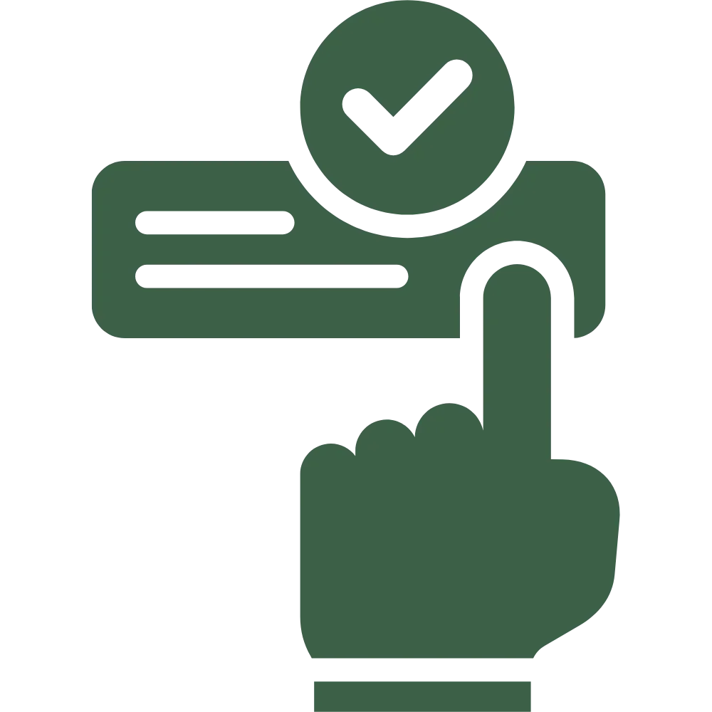 Un icono de una mano apuntando a un botón con una marca de verificación en la parte superior.