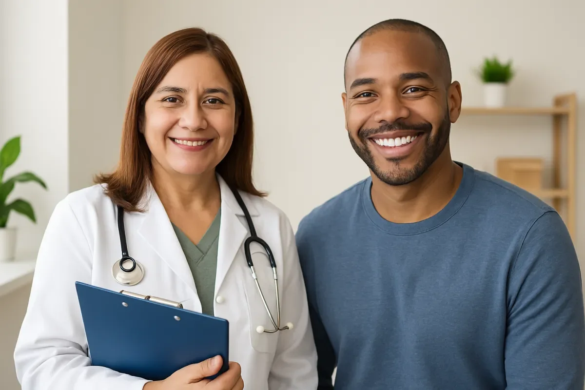 Médica sonriente con estetoscopio y paciente sonriente en consultorio médico.