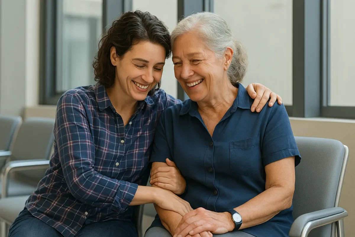 Una mujer joven y una anciana sonríen y se abrazan, sentadas en una sala con ventanas grandes.