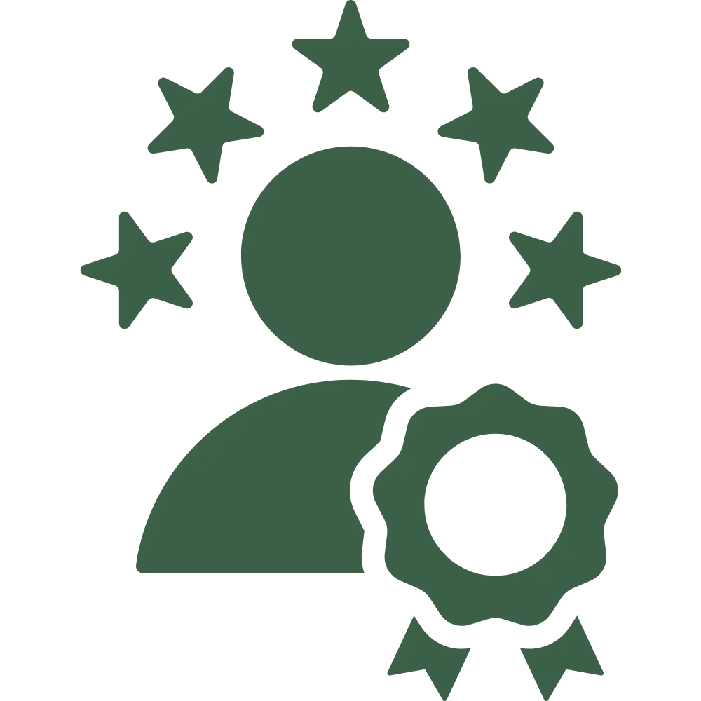 Ícono que representa una persona con estrellas en la cabeza y una engranaje, simbolizando gestión o liderazgo