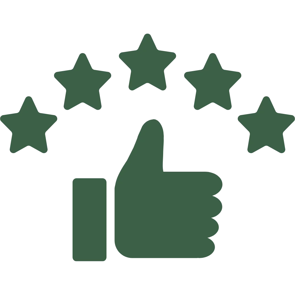 Icono de una mano dando un pulgar hacia arriba con estrellas arriba, simbolizando aprobación o excelencia.
