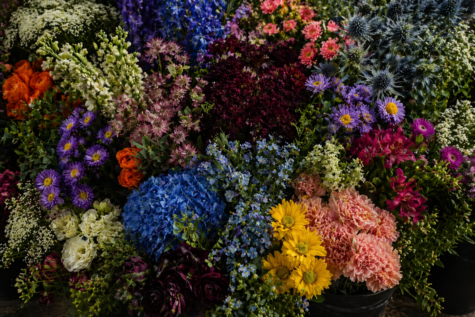 A vibrant bouquet of various colorful flowers including purple daisies, yellow sunflowers, pink carnations, blue hydrangeas, white baby's breath, and orange roses.