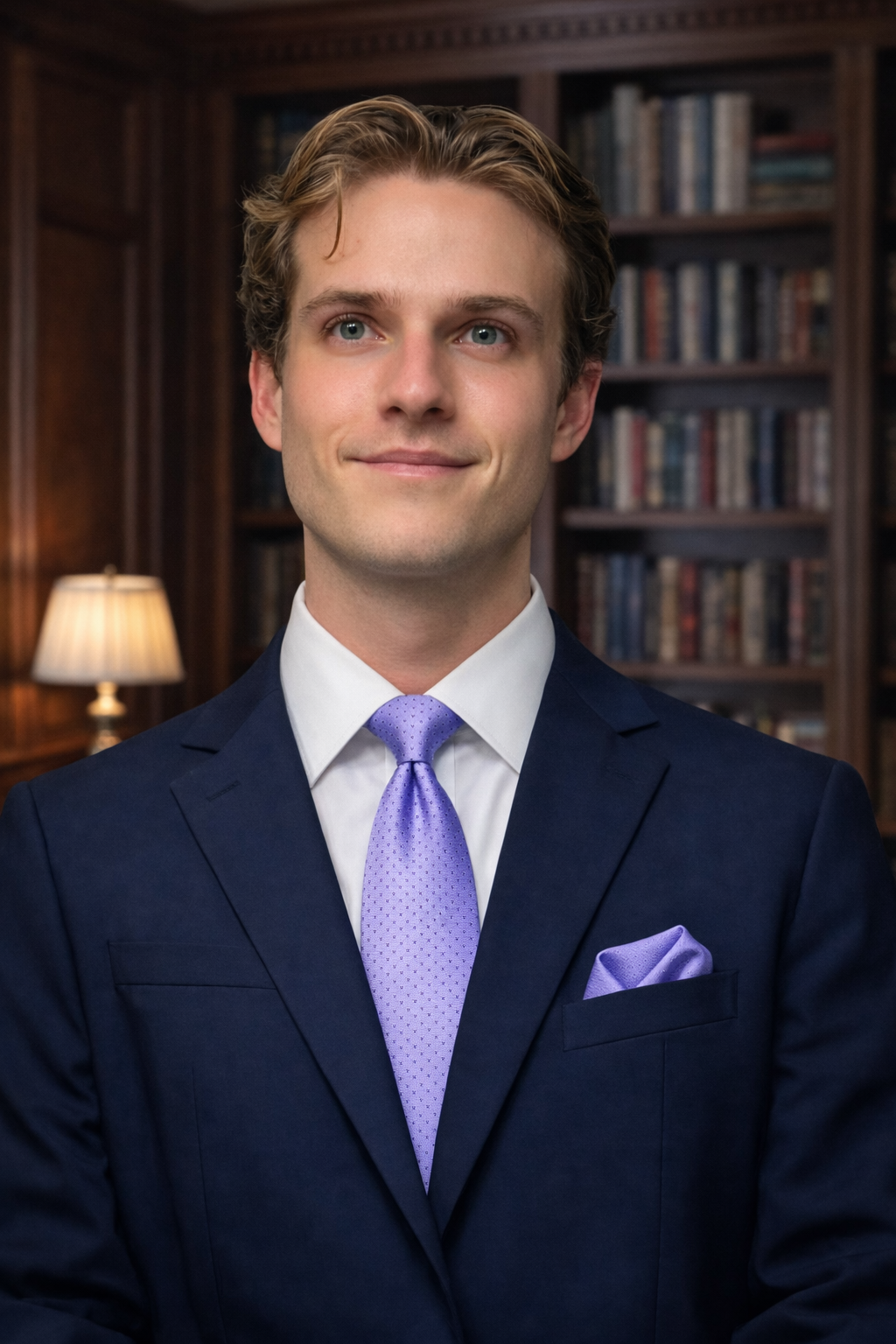 A young man in a navy suit with a purple tie and pocket square, standing in front of a bookshelf in a warmly lit room.