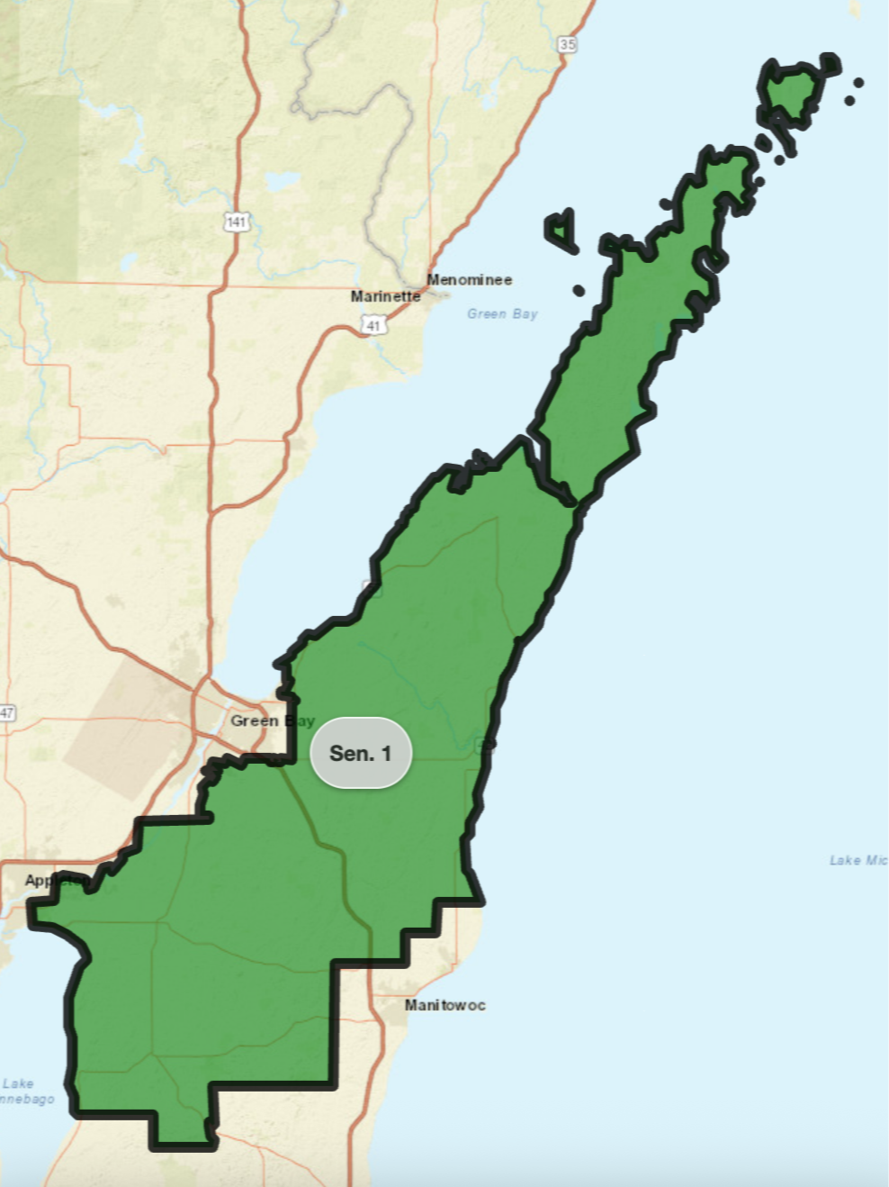 Map of Wisconsin's 1st Senate district highlighted in green, including areas around Green Bay, Lake Michigan, and cities such as Green Bay, Manitowoc, and Appleton.