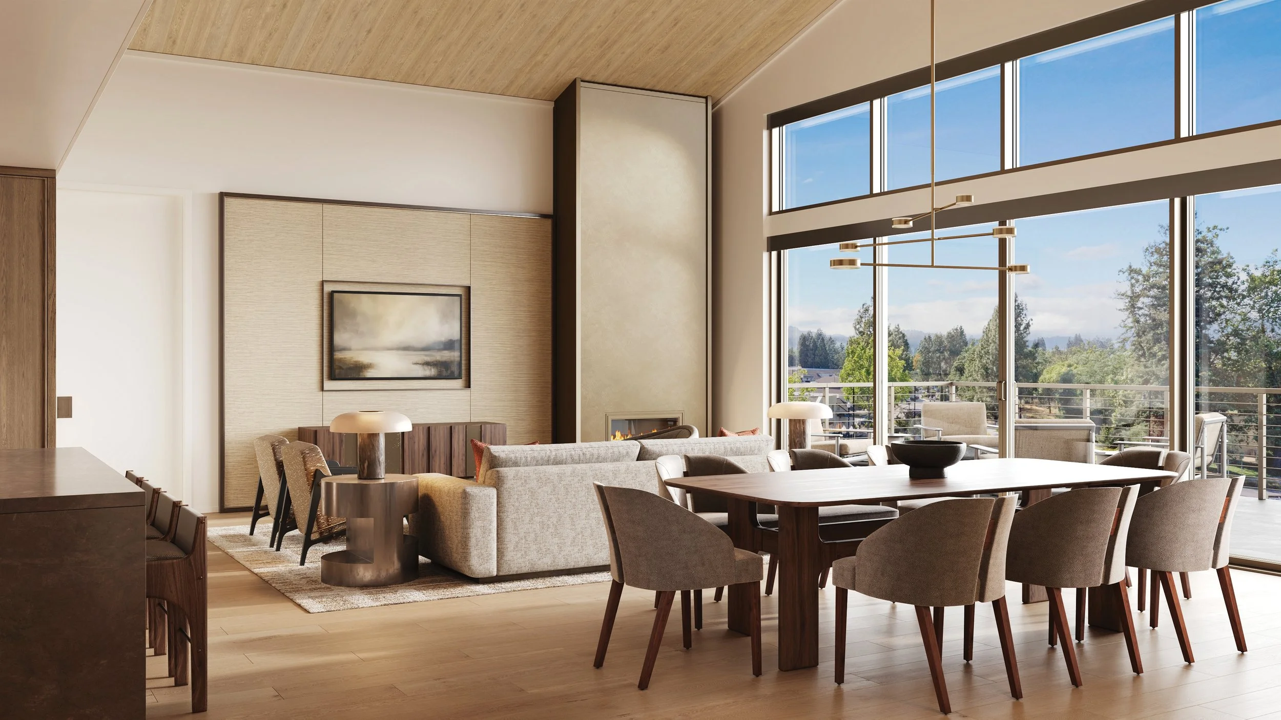 Modern living room with large windows, beige sofa, round coffee table, dining table with chairs, and a balcony with outdoor furniture.