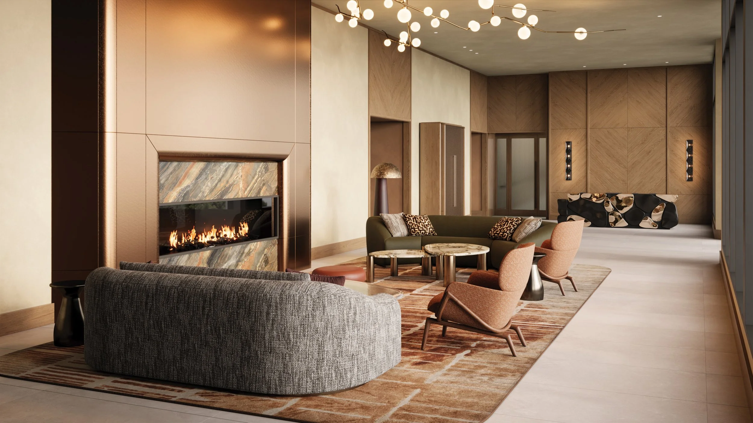 Modern living room featuring a fireplace with a wood-paneled wall, a green sofa, orange and patterned chairs, a round coffee table, a large abstract sculpture, and a gold modern chandelier.