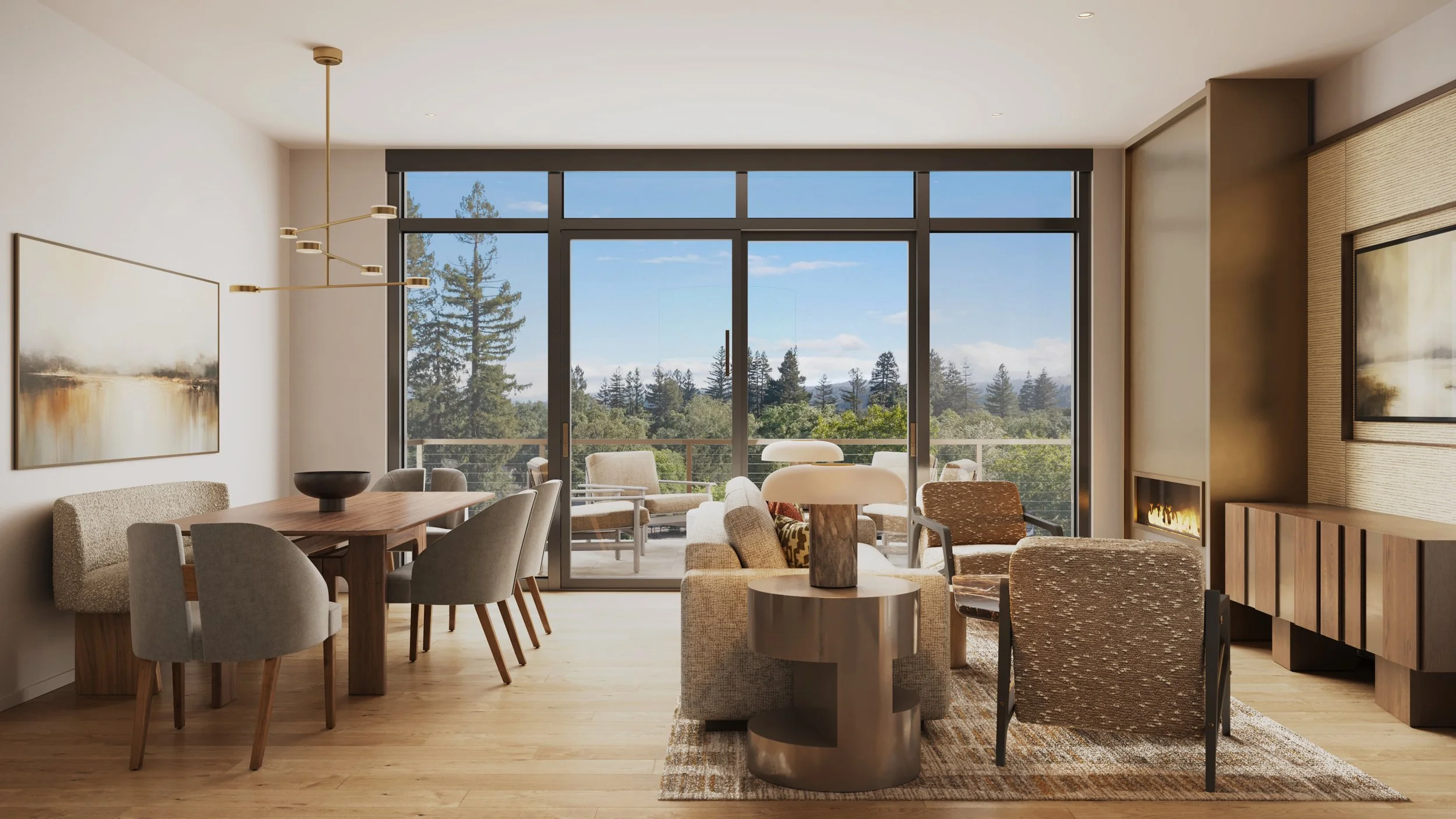 Contemporary living room with large glass windows, beige armchairs, wooden dining table with gray chairs, abstract wall art, and a fireplace.