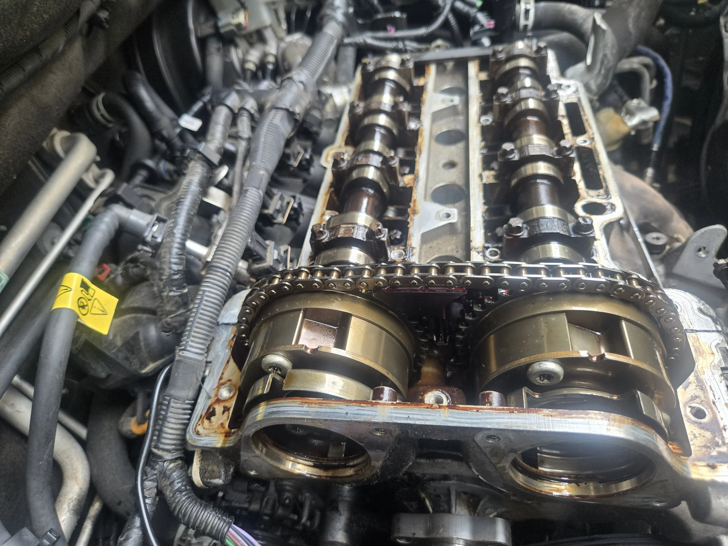 Inside an automobile engine, showing the distribution chain, camshafts, valves, pistons, and various engine components.
