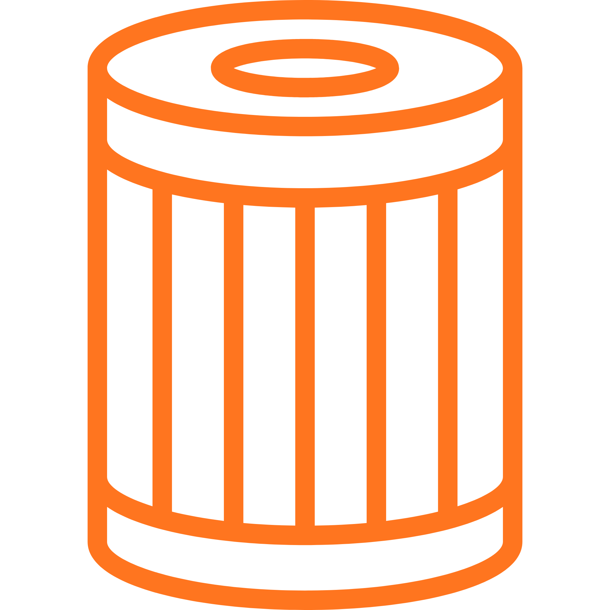 An orange 3D outline of a drum with a cylindrical shape and vertical bars around it set against a black background.