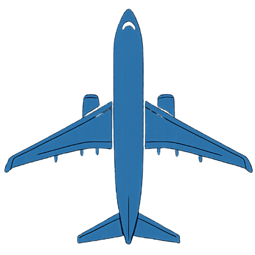 Top view of a blue commercial airplane in flight