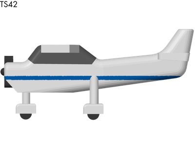 A small white and blue propeller airplane viewed from the side.