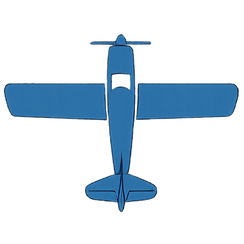 Top-down view of a blue single-engine airplane with wings and tail visible.