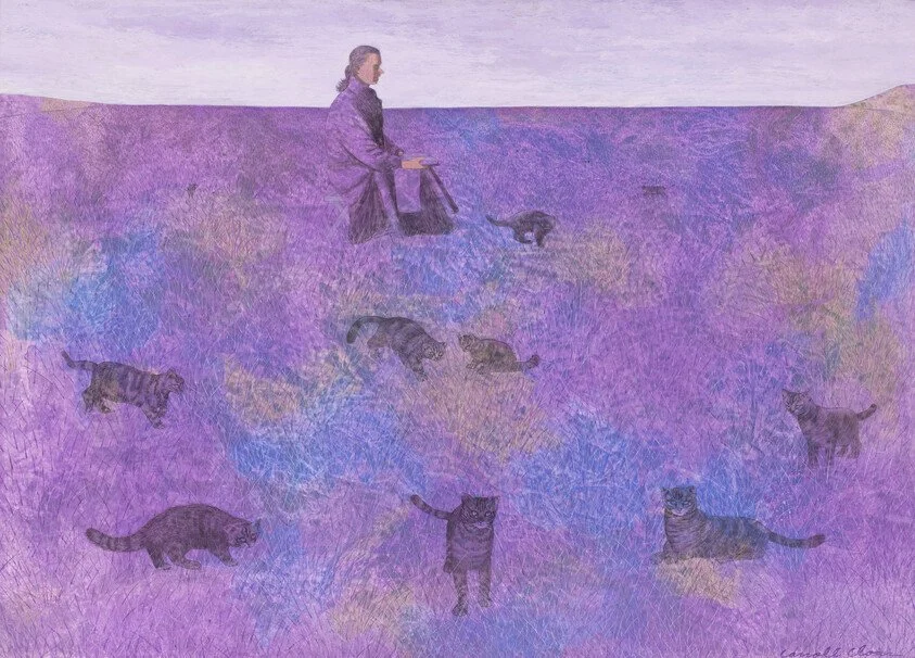 A woman walking seven tigers through a purple field, with mountains in the distance, in a landscape painting.