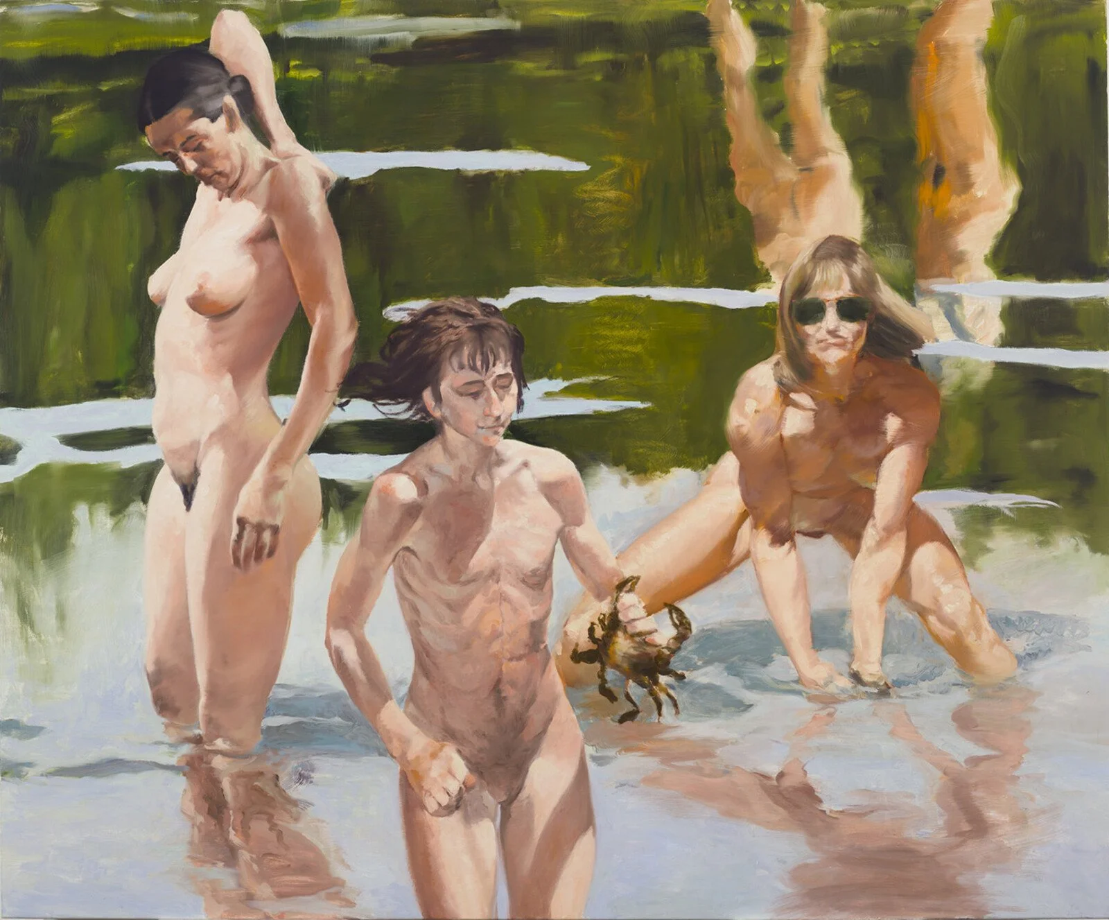 A painting of four nude women and a naked man in a river, with some of the women wearing sunglasses, against a background of green trees and water.