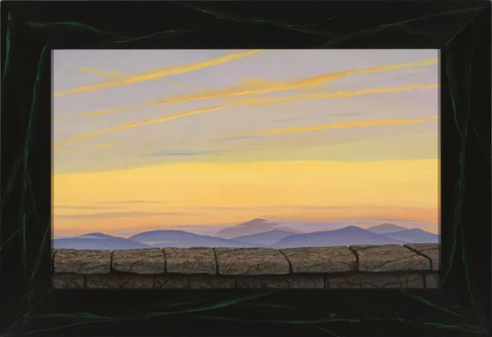 Painting of a mountain landscape viewed through a window.