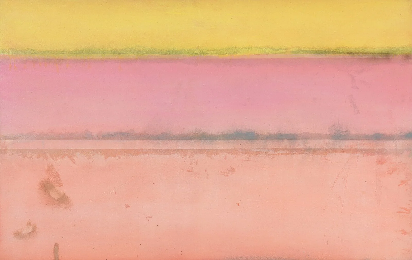 Abstract painting with three horizontal color bands: yellow at the top, pink in the middle, and light orange at the bottom, with visible brushstrokes and some textured details.