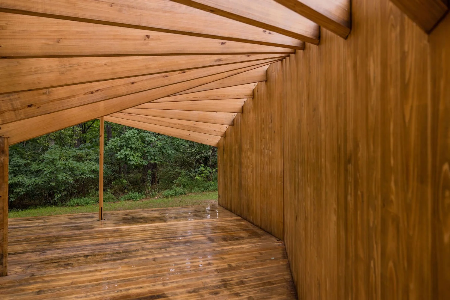 Undulating wood beams supported by glue laminated panel wall structure by LEVENBETTS at Crystal Bridges Museum.