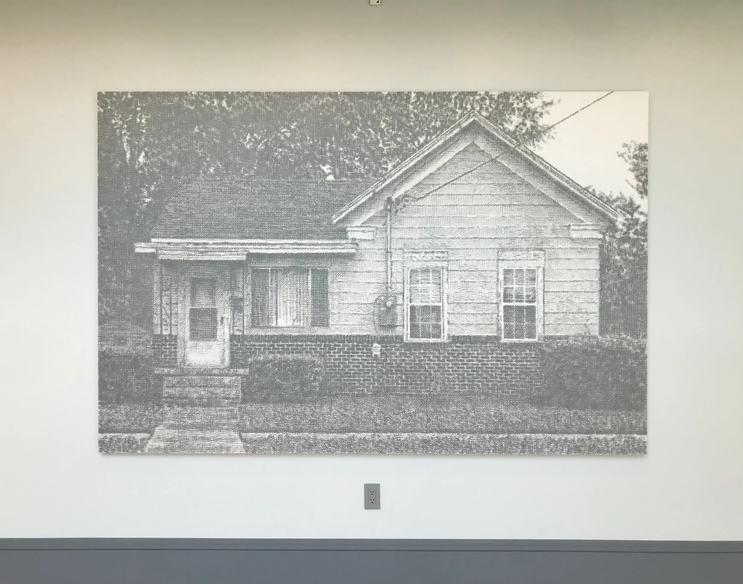 Small, classic American house painted by Wayne Gonzales. Hatch marks in graphite make the composition in gray scale.