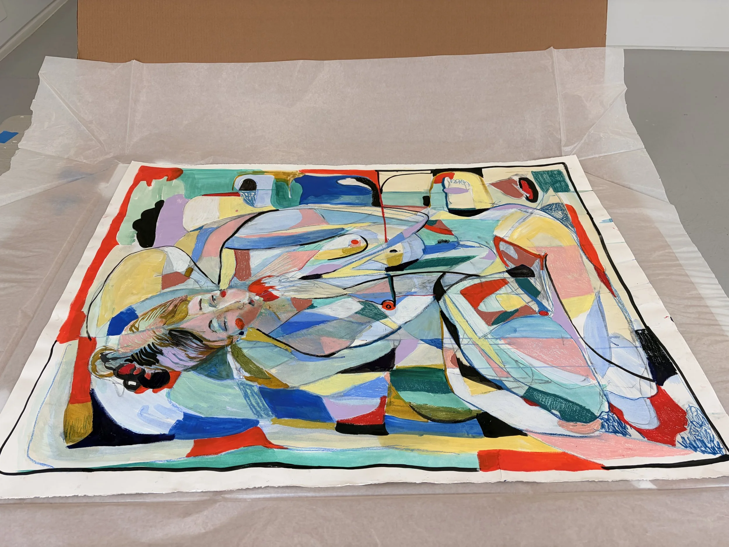 Colorful abstract painting of a reclining woman with long hair, surrounded by vibrant shapes and colors.