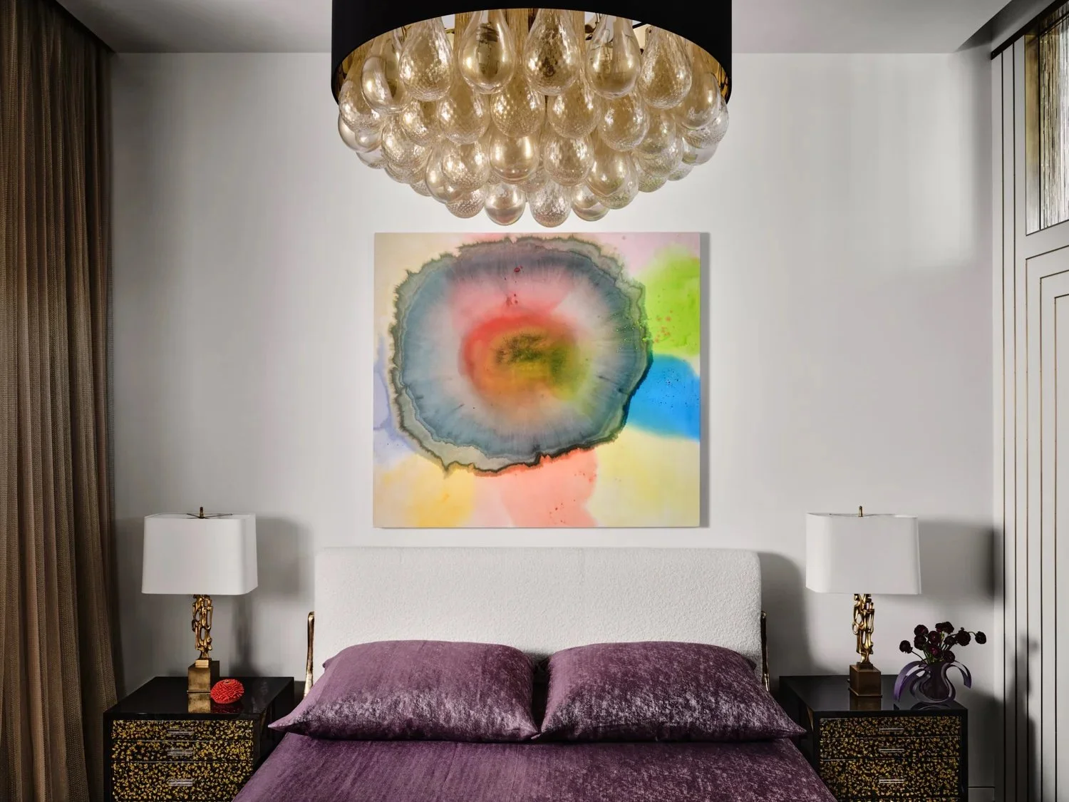 A Vivian springford painting from the 1970s hanging in luscious, saturated bedroom. Art collection curated by Austin Based designer Dylan Turk