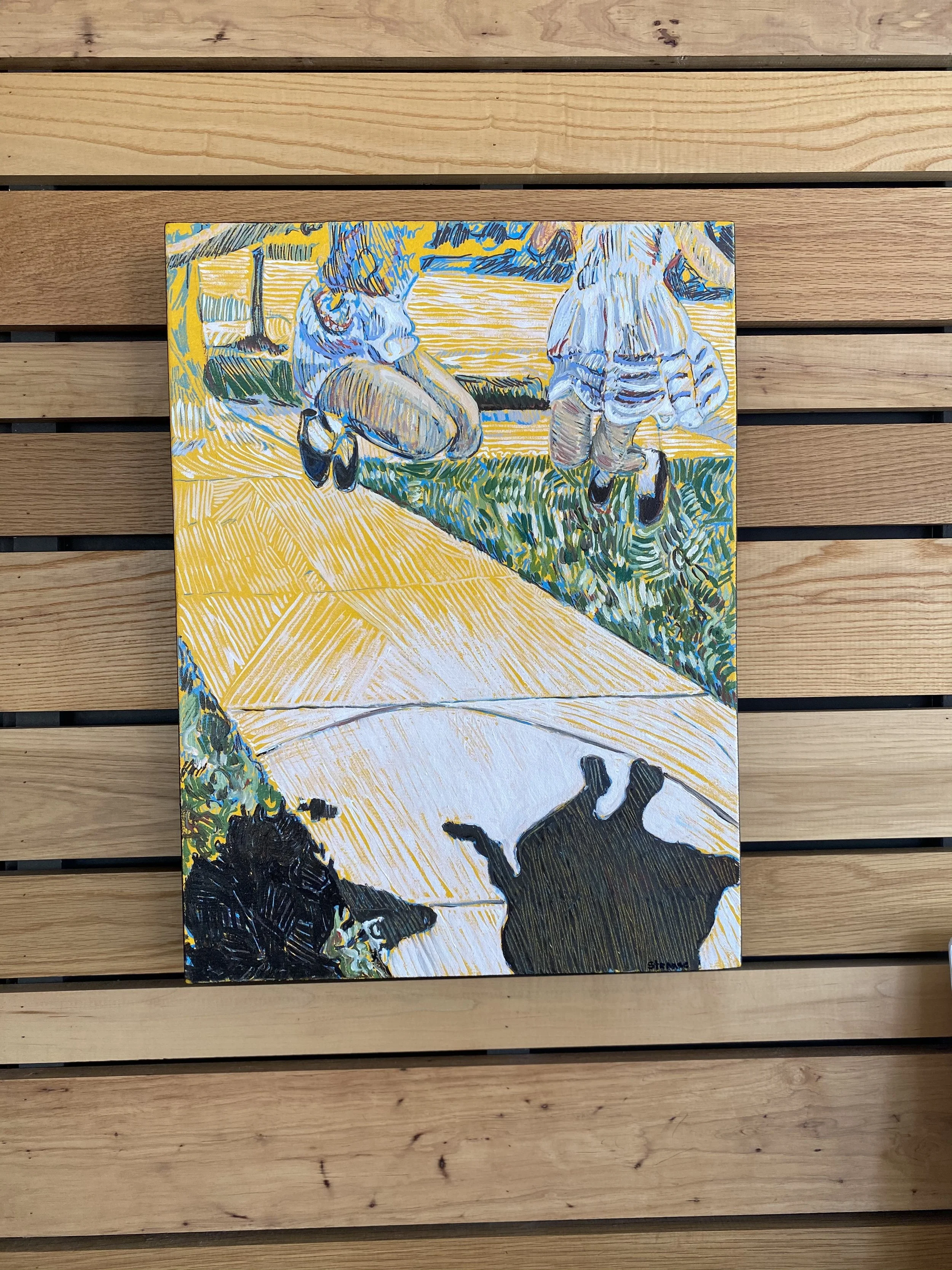 A colorful painting of two children kneeling on the grass, facing away, with a dog lying on the ground nearby. The scene is painted in an impressionist style with thick brushstrokes.