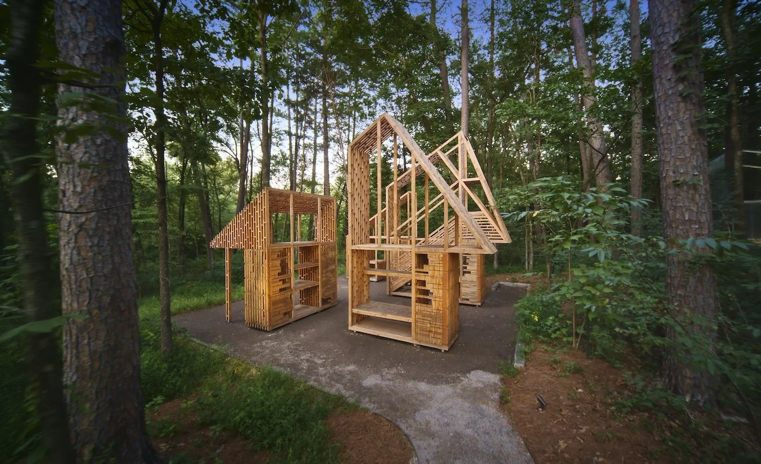 deep in a lush green forest, tall trees rise to blue sky, a linear punctuated architectural follie holds its own, referencing the silhouette of the iconic home.