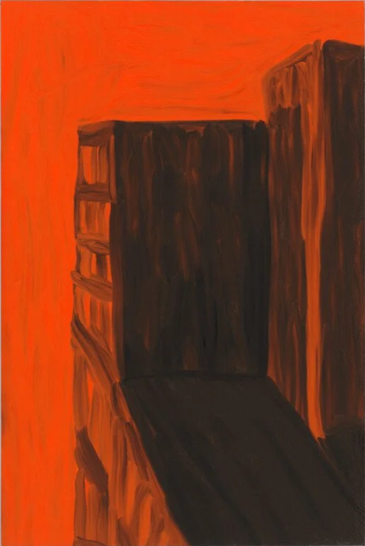 Painting of a dark wooden staircase or shelf against an orange background.