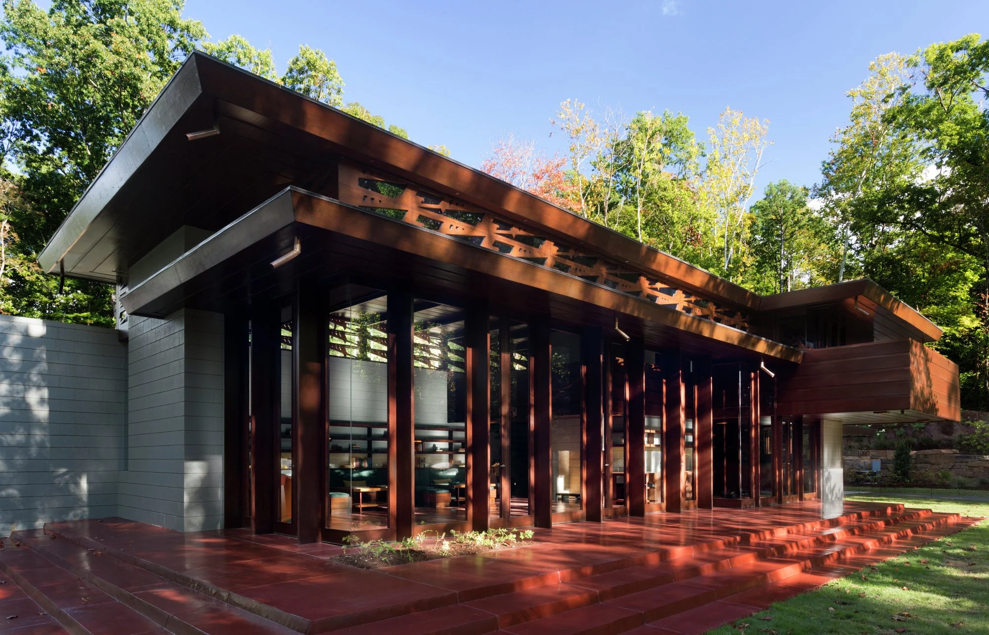 The back of Frank Lloyd Wright's Bachman-Wilson House installed on the campus of Crystal Bridges Museum of American Art. Curator Dylan Turk