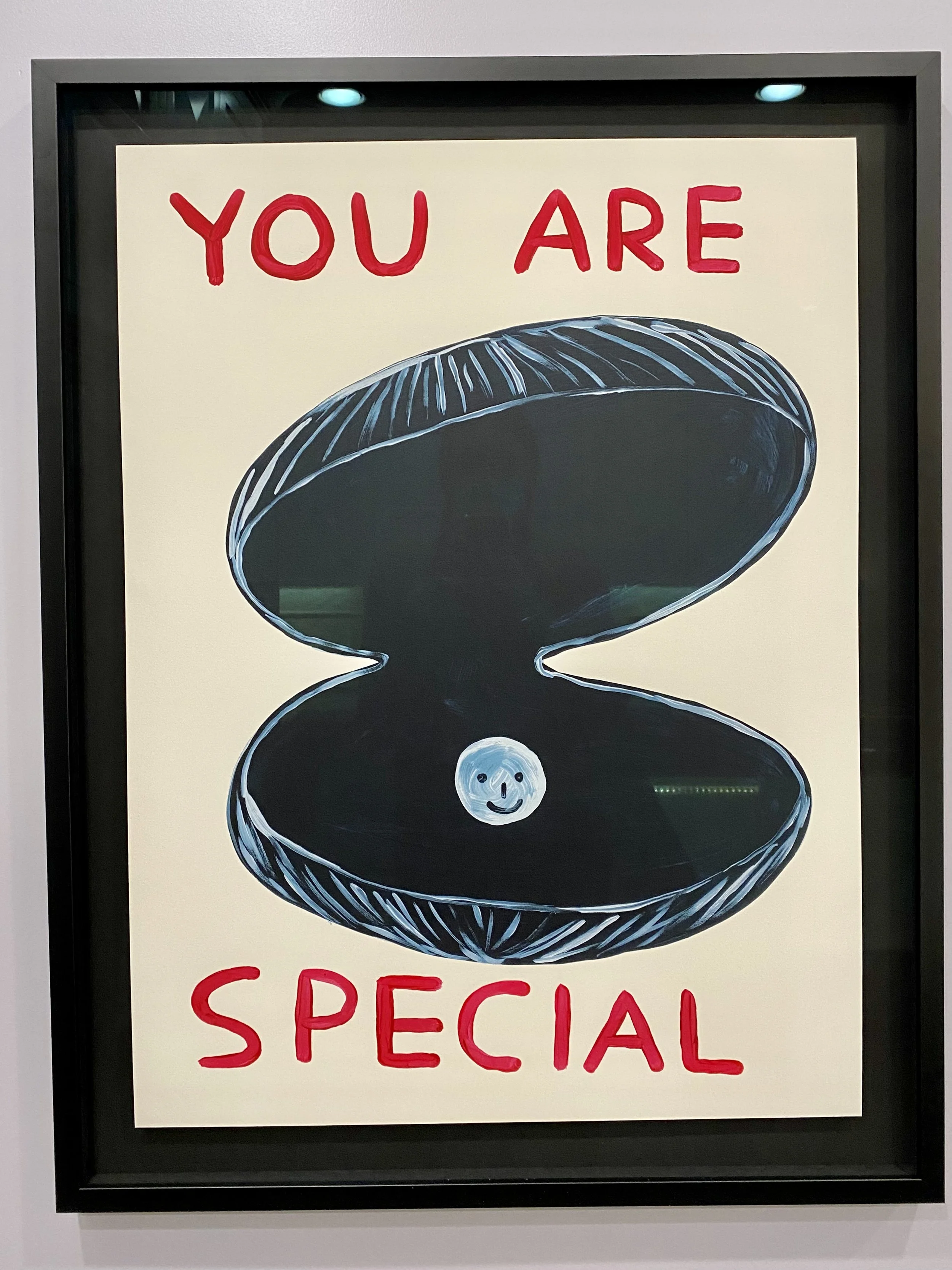 Framed sign with the message "You are special" in red letters above a drawing of an open oyster shell with a smiling face inside.