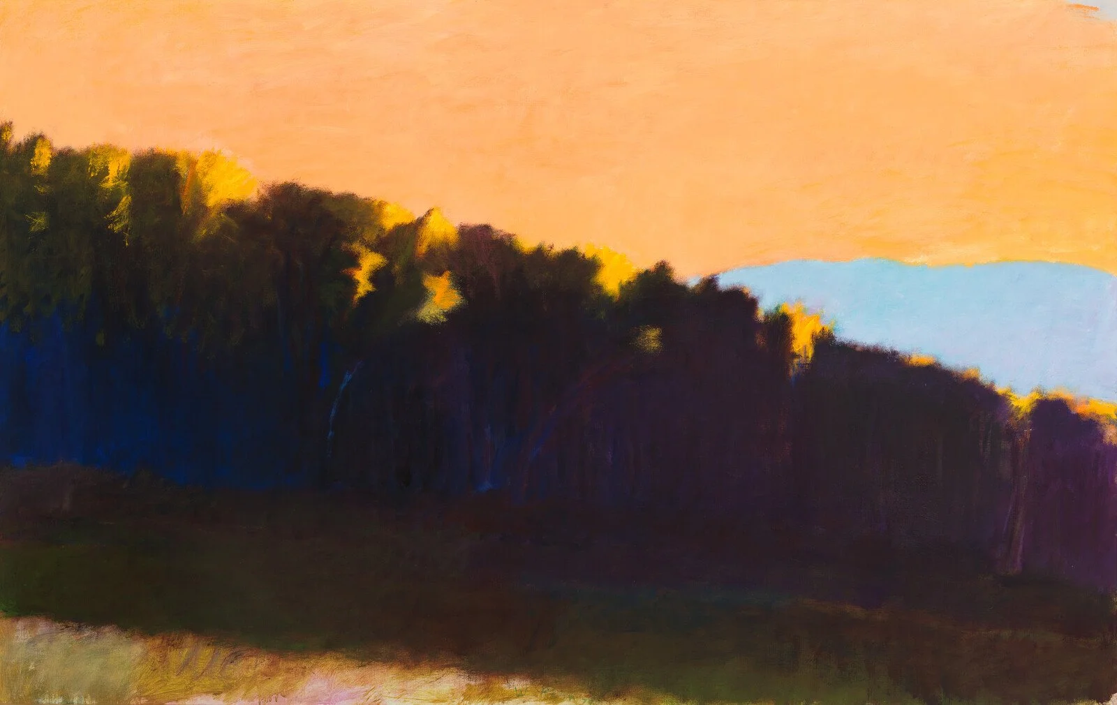 A painting of a landscape at sunset with trees in the foreground and mountains in the background.